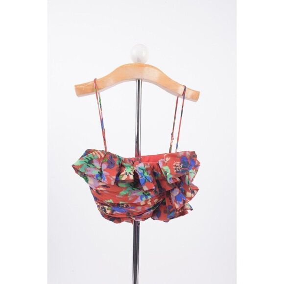 Zara Womens Red Floral Print Ruffled Corset Crop Top Size XS 9159/705 NWT - Picture 1 of 4